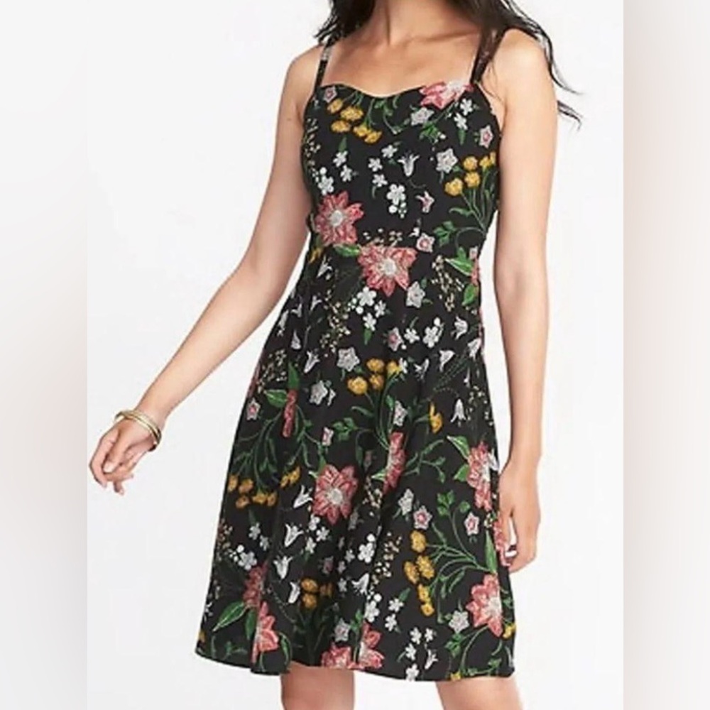 Old Navy Black Floral Smocked Sweetheart Neckline Mini Dress SzS